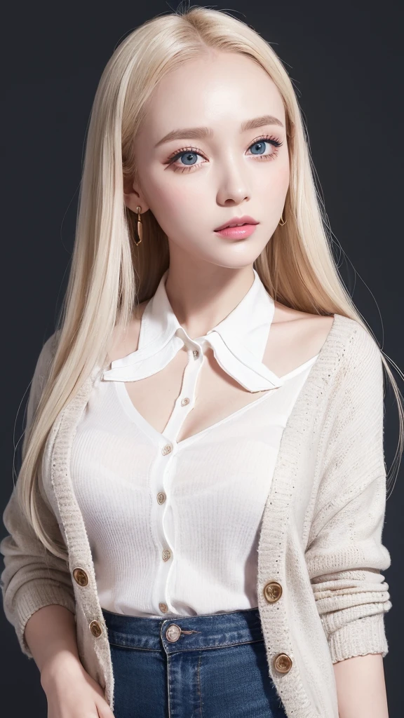(((cardigan、blouse、mini skirt、White background、Cowboy Shot、forehead)))、forehead、Northern Europe、Russia、beautiful girl、Platinum Blonde Hair、Straight long hair、Big blue eyes、Northern Europeの若者、Glowing Skin、Young and beautiful skin、A perfect and beautiful little face、Bright makeup、Pale pink lips、Bright expression、lipstick、Golden Hour Lighting、Movie Light、Intricate details、High resolution、 Detailed features of the face design、Big Breasts
