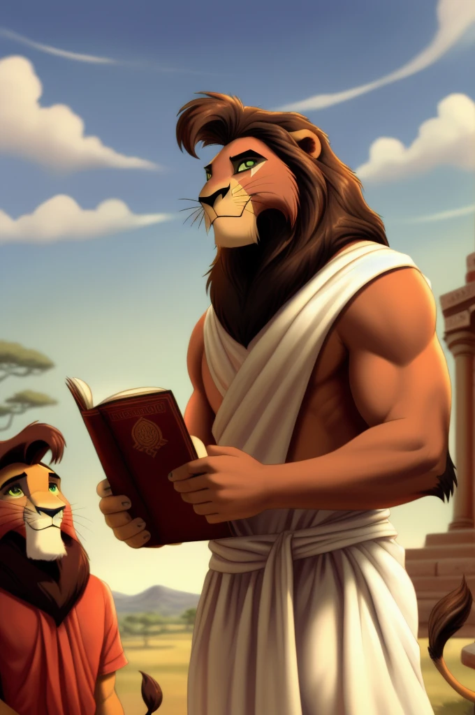 Metal_(the_lion_king),lion,male,youth,alone,4K,HD quality,Best, Virgil, Roman poet, Aeneid, holding a book, quality,standing,Look up at the audience,half body,looking at the audience,green wreath on head, Roman clothing, a tunic with two vertical blue stripes, draped roman white Toga,lion tail, clothed, white cloth,bared, red shirt, biceps, correct,Delicate fur,poet,soft shadow,majestic,Detailed face,High quality eyes,Green eyes,black pupils,Sharp eyes,Grandiose,Valiantary,Smile confidently,Strong,mature,philosophical, ancient Rome background Blue sky and white clouds,The sun shines