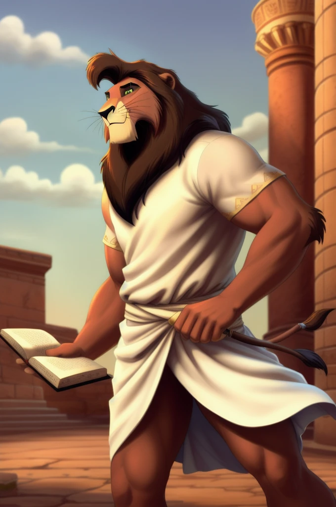 Metal_(the_lion_king),lion,male,youth,alone,4K,HD quality,Best, Virgil, Roman poet, Aeneid, holding a book, quality,standing,Look up at the audience,half body,looking at the audience,green wreath on head, Roman clothing, a tunic with two vertical blue stripes, draped roman white Toga,lion tail, clothed, white cloth,bared, red shirt, biceps, correct,Delicate fur,poet,soft shadow,majestic,Detailed face,High quality eyes,Green eyes,black pupils,Sharp eyes,Grandiose,Valiantary,Smile confidently,Strong,mature,philosophical, ancient Rome background Blue sky and white clouds,The sun shines