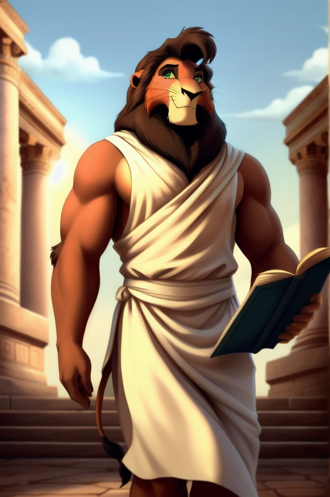 Metal_(the_lion_king),lion,male,youth,alone,4K,HD quality,Best, Virgil, Roman poet, Aeneid, holding a book, quality,standing,Look up at the audience,half body,looking at the audience,green wreath on head, Roman clothing, a tunic with two vertical blue stripes, draped roman white Toga,lion tail, clothed, white cloth,bared, red shirt, biceps, correct,Delicate fur,poet,soft shadow,majestic,Detailed face,High quality eyes,Green eyes,black pupils,Sharp eyes,Grandiose,Valiantary,Smile confidently,Strong,mature,philosophical, ancient Rome background Blue sky and white clouds,The sun shines