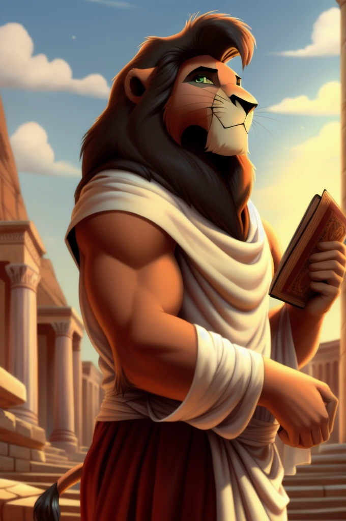 Metal_(the_lion_king),lion,male,youth,alone,4K,HD quality,Best, Virgil, Roman poet, Aeneid, holding a book, quality,standing,Look up at the audience,half body,looking at the audience,green wreath on head, Roman clothing, a tunic with two vertical blue stripes, draped roman white Toga,lion tail, clothed, white cloth,bared, red shirt, biceps, correct,Delicate fur,poet,soft shadow,majestic,Detailed face,High quality eyes,Green eyes,black pupils,Sharp eyes,Grandiose,Valiantary,Smile confidently,Strong,mature,philosophical, ancient Rome background Blue sky and white clouds,The sun shines