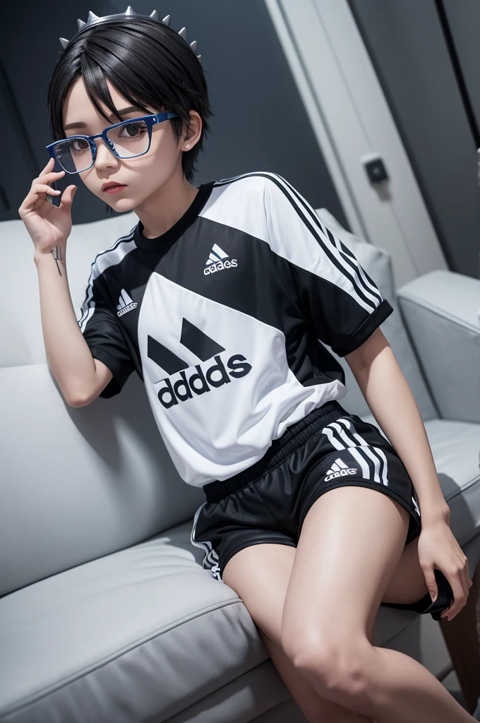 Roblox doll wearing adidas marseille shirt with glasses small silver crown spiky hair with black shorts light skin color hairless man