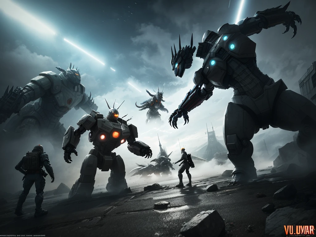 a group of soldiers and a giant robot battling a huge kaiju, highly detailed, intricate mech suit, dramatic lighting, intense action scene, cinematic composition, volumetric fog, dynamic poses, epic scale, cinematic camera angle, photorealistic, 8k, hyper detailed, award winning concept art