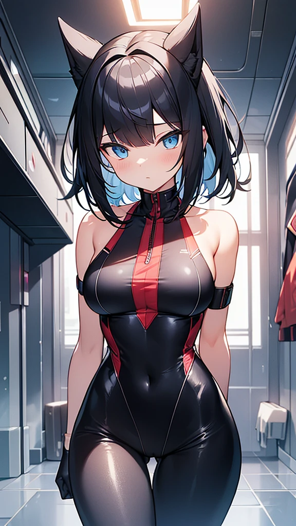 (Highly detailed CG Unity 32k wallpaper,masterpiece, Biological, whole body),(Best lighting, Best Shadow, Very delicate and beautiful),(High School Girl and Unidentified Creatures),blue eyes, Big Breasts,Bouncing chest, Black Hair,Bobcut,Red and black and White off-the-shoulder revealing high-cut SF bodysuit,One-piece swimsuit-style clothing,Clothes that emphasize the chest,Neck Seal,High-tech sci-fi corridor, Dynamic pose, Detailed Machinery, Sleek design.,My crotch is wet, {{The unidentified creature had no reproductive organs, so it preyed on the high school girls on the spaceship and disguised itself as a woman.、High school girls are candidates、An unidentified creature that's bigger than a high school girl's chest}}, The high school girl became a skeleton, Unknown sensation, Feels good, Vigorous movement, more, instinct, Female fall, Bouncing chest, loose, loose, Next to a real girl skeleton, locker room, NSFW