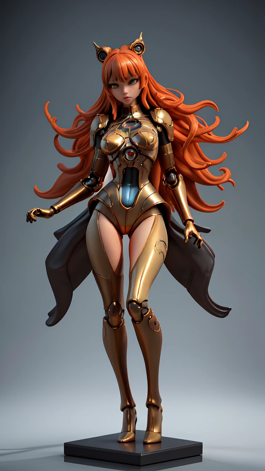 ((Full body photo, standing, feet on the floor))  (Masterpiece, professional work, award winning), ultra realistic illustration, centered, mid shot, full body front view, looking toward camera, biochemical android steampunk, dynamic pose, orange long wavy hair, expressive, beautiful bang, ultra detailed steampunk museum vibrant colors create a hype realistic color splash art, Unreal minimalism with octane render creates depth of field with bokeh. Style: A sculpture made with bronze, using a combination of traditional techniques and 3D modeling, (Ultra detailed, finest detail, intricate), (Epic composition, epic proportion, epic fantasy), cinematic lighting, volumetric lighting, studio lighting, neon light, global illumination, (depth of field:0.4, blur, bloom:0.2), reflection, hard shadow, contrast, vibrant color, RAW photo, photography, UHD,
