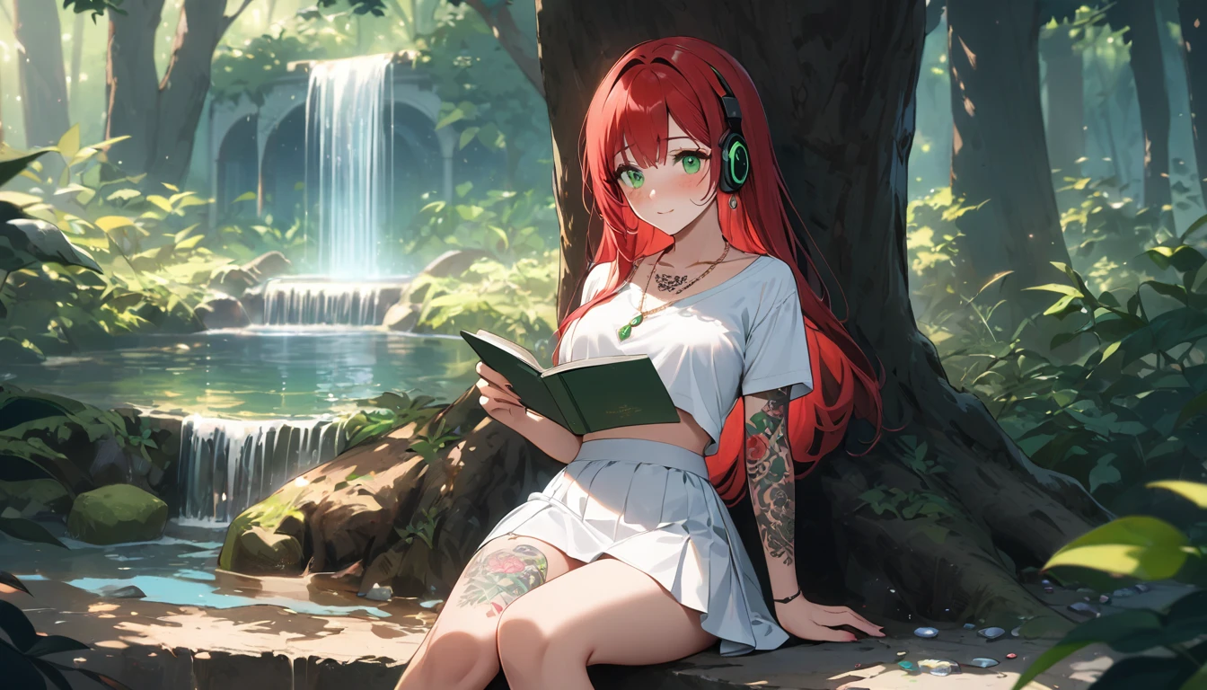 (Best Quality, Masterpiece, ultra high resolution, ultra detailed:1.2) Female gender Beautiful green eyes and melancholic expression Long red hair Light and freckled skin Wears a top with a bra shirt Wears a white silk mini skirt Footed with white cloth shoes Sitting under a tree in a forest Next to a natural fountain Porta a necklace of precious stones Has tattoos on her arms She wears long, striking earrings She holds a book of poetry in her hands She listens to soft music through headphones She smiles slightly while observing the nature around her