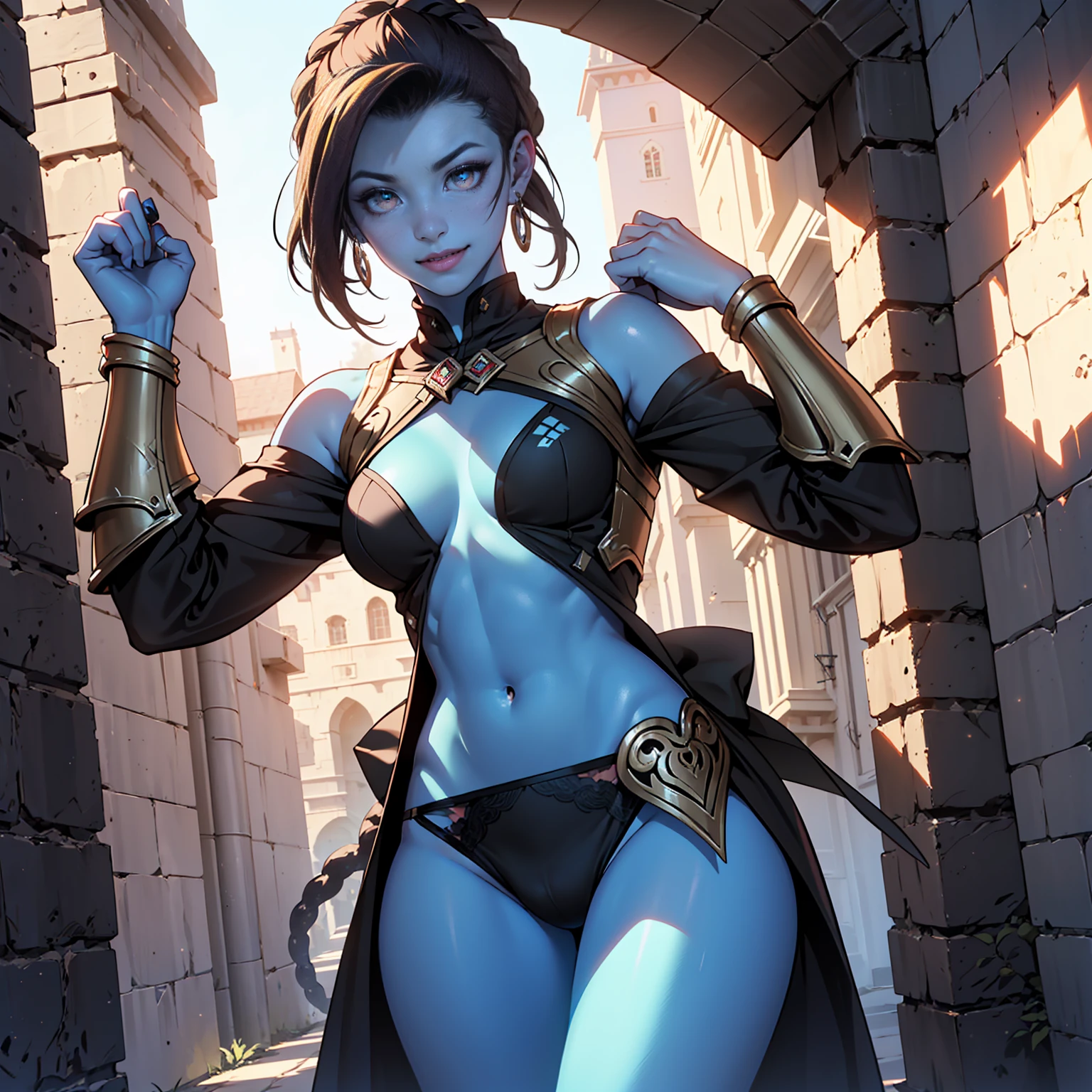 aayla secura, ((tentacle hair, glowing brown eyes, wide eyes, lipstick, makeup, narrow waist, skinny, medium breasts, earrings, alone, twi'lek, blue skin)), pelvic curtain, ((armor, black panties, armor cruzade)), full body, perfect body, (insanely detailed, beautiful detailed face, masterpiece, best quality) , (((solo))), (((1girl))), (((mature))), (extremely detailed 8k paper CG wall unit: 1.1), (castle, dusk), (smile face for the viewer), Chinese style, glowing sword, figthing pose, jediwithlightsaber