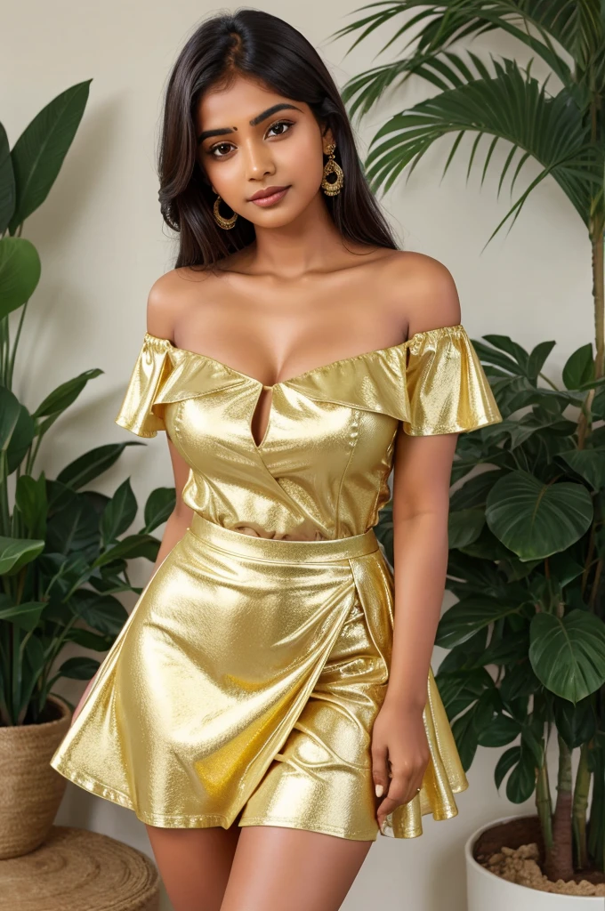 An Indian girl wearing a busty off shoulder cream colour dress , shiny , short dress , fuller skirt same colour, mid thighs length skirt 