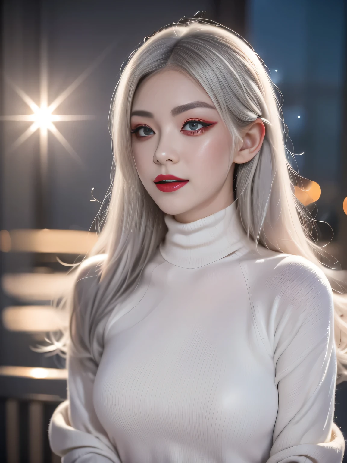 1 Girl, (Solitary), Anime girl with white hair and red eyes, White hair girl, girl in white turtleneck sweater, ((Eye mask)), Pointed ears, ((vampire)), giggle, smug, Shut up, Cowboy shooting, Perfect white-haired girl, White-haired deity, Digital Cyberpunk Anime Art, turtleneck sweater, lens flare, ((Dramatic Lighting)), Soft and shiny red eyes, Extremely detailed, masterpiece, Looking at the audience, City background, (night)