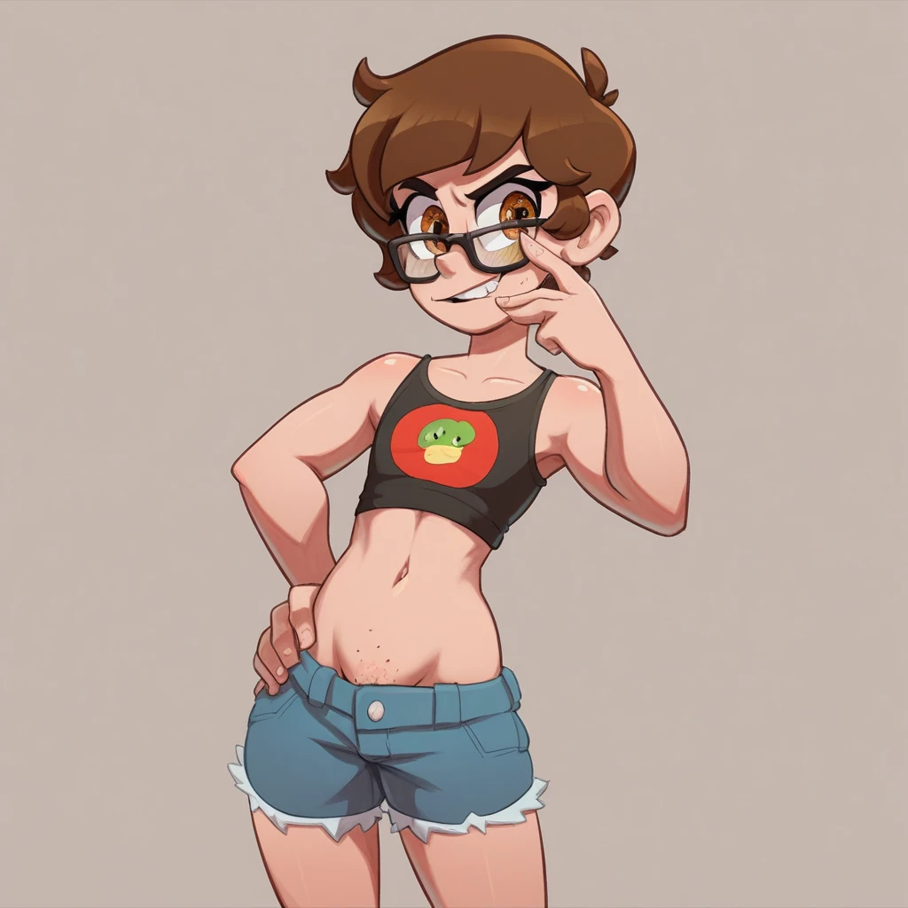 Ralph Bakshi Style, brown eyed tall skinny:2.5 brunette with long styled hair and black_glasses, nudity:1.5, (extreme nsfw):2.5, torn tanktop, (flatchested):2.0, lewd:2.0, (pubic_stubble):3.0
