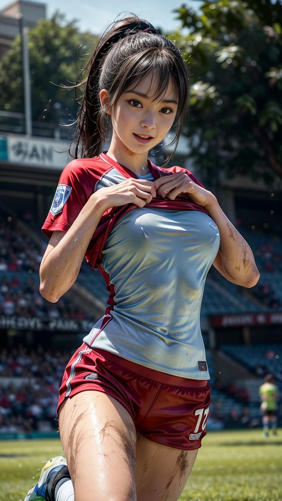 nsfw:1.2、Highest quality, High resolution:1.2, Very detailed, Realistic:1.3, ((Beautiful woman))、((Super tight uniform))、((Big Breasts))、(Shirt lift)、(The chest is visible)、(((Soccer uniforms)))、Vibrant colors, play soccer,(Blunt bangs)、((Various Hair Styles))、Different hair colors、With bangs、Wet Hair, concentrate, splash, Action Shots, Grass blotches, Muddy ground, Wet turf, decide, Fast-paced games, Athletic physique, Shiny soccer ball, Wet Uniform, raindrop, Blurred motion, ボールにconcentrateする, Intense competition, Skillful dribbling, Energetic play, Teamwork, powerful shoots, Wet pitch, Passionate sports, Fierce decide, Humid atmosphere, Fluid movement, emotional expression、Dramatic lighting, Women's Sports, Avid athletes, Exciting Games, Endure, Excited state, Speed and agility, Energetic play, 濡れたsplash、smile、((Red Uniform))