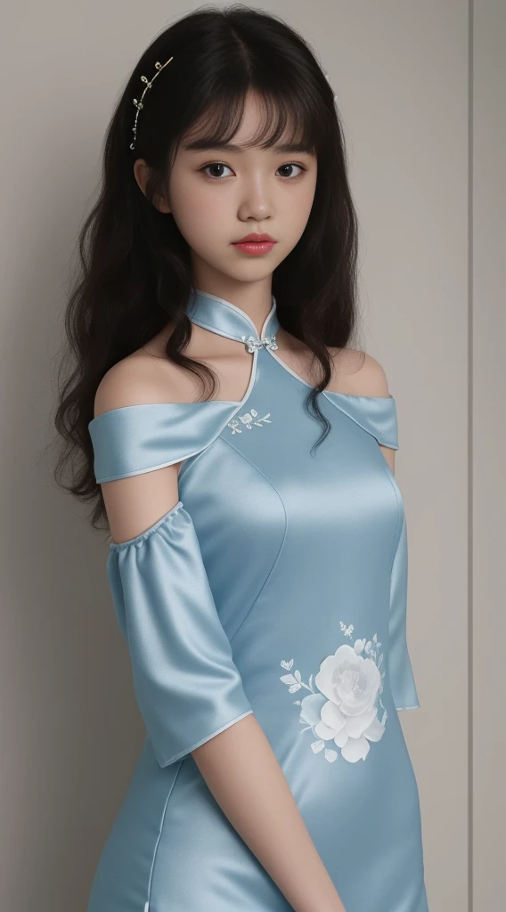 Best quality, Ultra-high detail，Overlooking，Full body portrait，12 year old girl，Delicate face，Curly hair，Hairpin，Hairpin，Pretty Face，Skin reflexes，cheongsam，Slim figure，Shy，Smaller bust，Off-the-shoulder design，Optimal body curves，High split ends