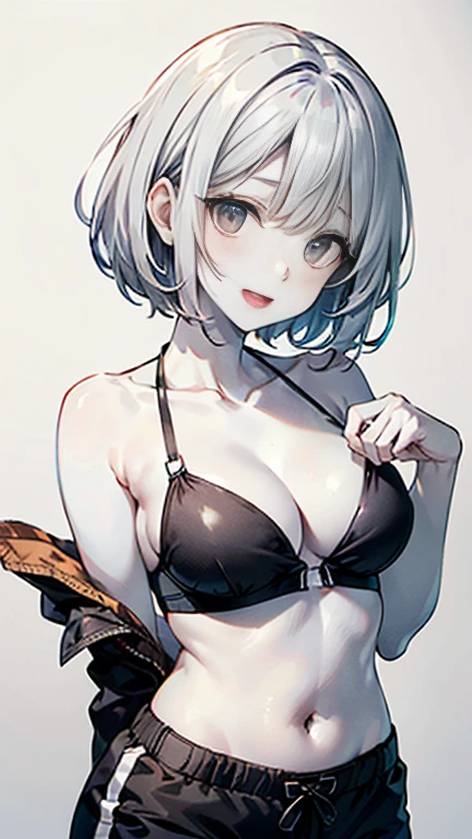 AkiyamaYukari,Takeda Saori,
One Woman,
(Silver Hair:1.5),
(Short Hair,)Bobcut,
Late 30s,Natural skin texture,Narrow waist,Thin type,
(White Skin:1.9),low length,Japanese Girl,,
Black Eyes,Small ,Belly button,((Black cleavage-reshirt)))),
(((Jersey pants))),
((V-shaped bikini pants)),
(Black corset:1.1),
((ID photo:1.8,Plain gray background:1.6,Capture your subject from the front)),
expression(smile),upright posture,Open Mouth,narrowed eyes,
Natural depiction,
Beautiful depiction,
Shiny eyes,
Healthy Body,
Natural hairstyle,
Natural body contours,
Natural facial contours,
(Five fingers)Absolute depiction,Symmetrical fingers,
Two arms,
Two legs,
Sharp eyelid depiction,
Symmetrical eyes,Symmetrical eyes,
Keep the subject in the center,Expand the upper body,
Beautiful image quality,
Delicate shades,
4K,Very detailed,
Delicate light adjustment,
Delicate contour drawing,
