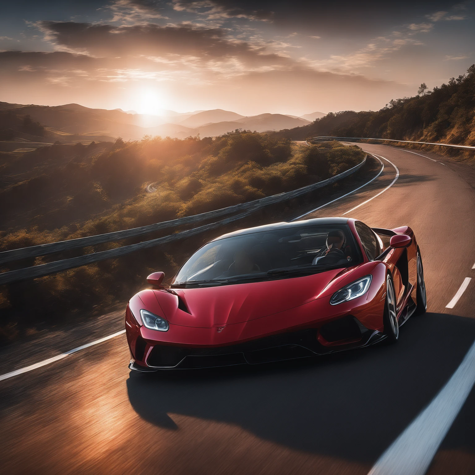 The camera tracks alongside the red sports car, capturing its sleek profile as it speeds through the highway. The evening light casts long shadows and a rich, golden hue over the landscape, creating a cinematic and thrilling atmosphere against the backdrop of a clear sky，Highly detailed environments，Low depth of field，HD，detail，8K，lens flare，Sunlight，