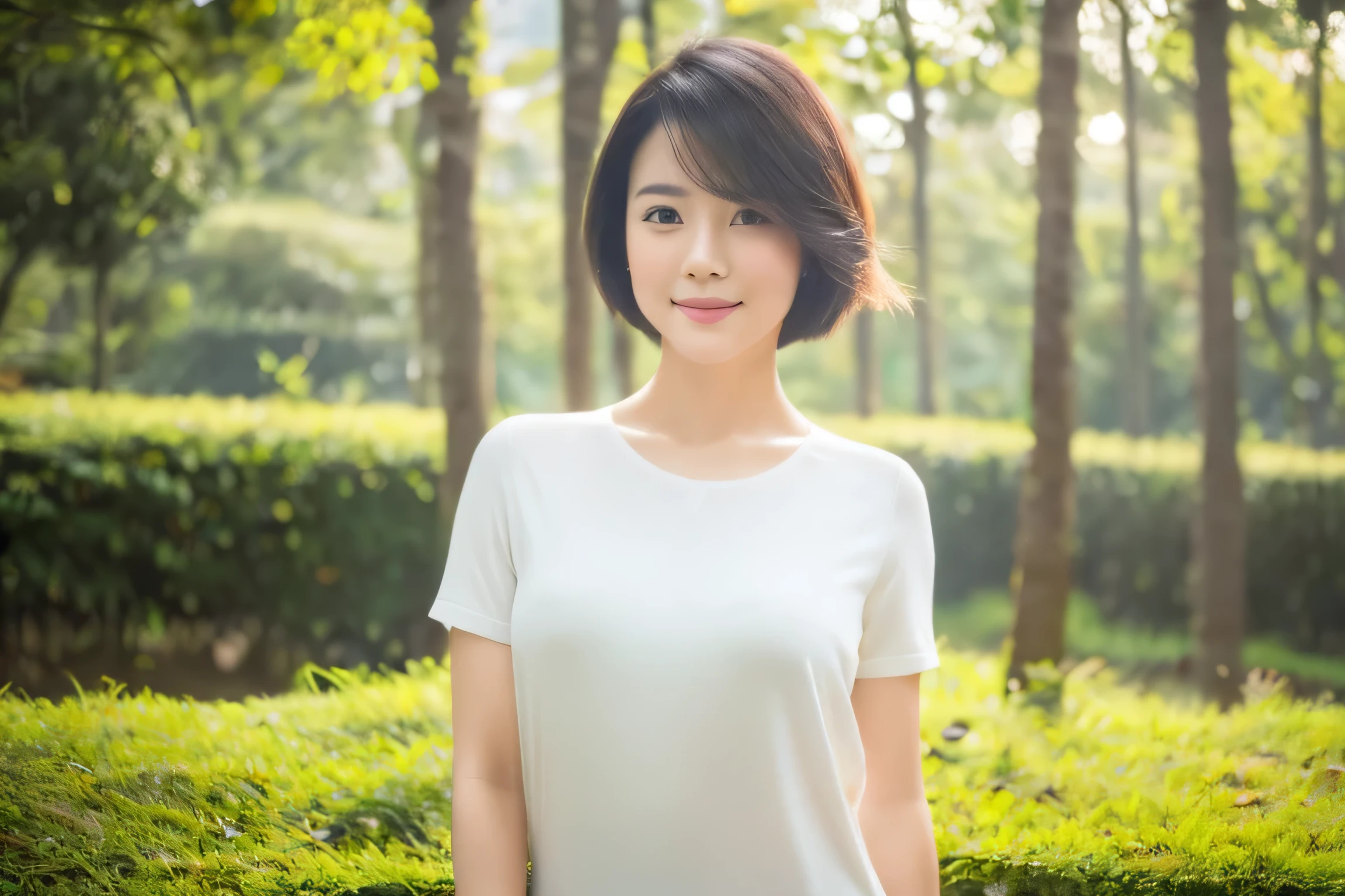 HD pictures，Bright Light，Showing a healthy beauty from Singapore Japan，short hair，This is a modern lady who particularly loves clean air，A fresh and natural forest or clean city scene in the background，Conveys the feeling of breathing pure air