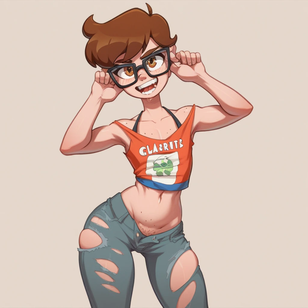 Ralph Bakshi Style, brown eyed tall skinny:2.5 brunette with long styled hair and black_glasses, :1.5, (extreme nsfw):2.5, torn tanktop, (flatchested):2.0, lewd:2(pubic_stubble):3.0