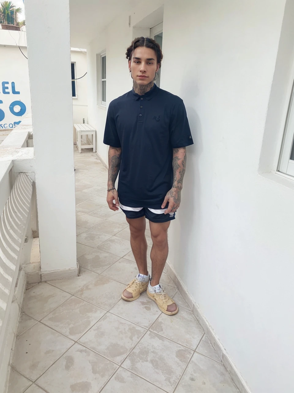 Young brunette man with muscular tattoos with braids