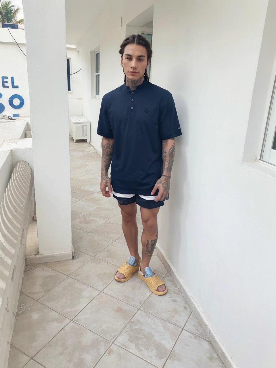 Young brunette man with muscular tattoos with braids