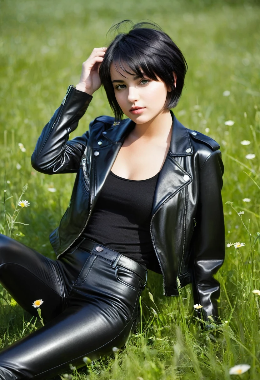 young Sandra Fay, shiny black leather pants and jacket, skinny body, short hair, decoration not breasts, on my knees in the meadow