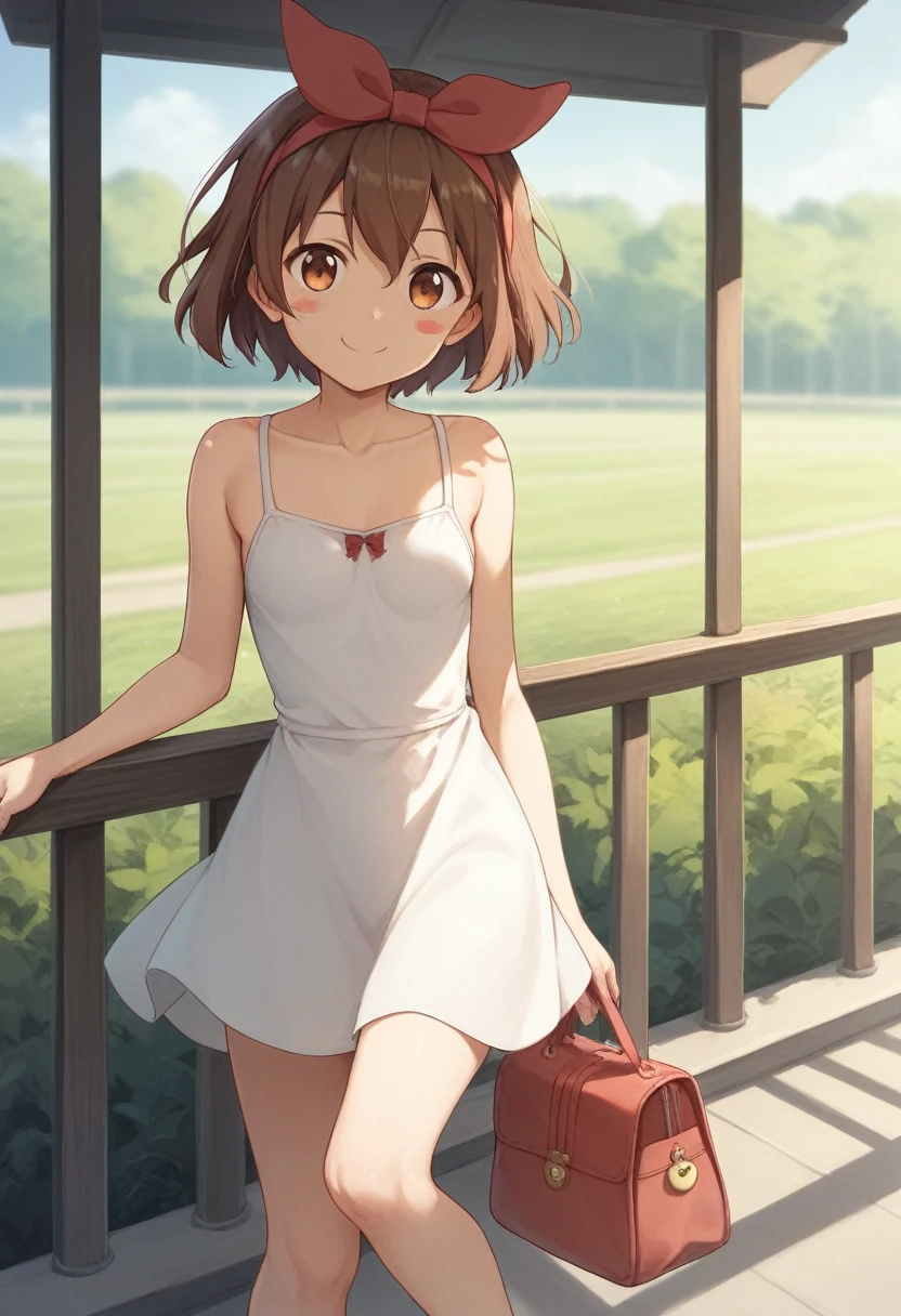 One girl, alone, 13 year old beautiful girl、blush, smile, short hair, Brown Hair, dress, bow, hair bow, hair band, Outdoor, bag, Iris, red bow, wood, blush stickers, handrail, Kiki \(majo no takkyuubin\)、Completely naked、Full nudity、Very small breasts、Flying on a shaved broom