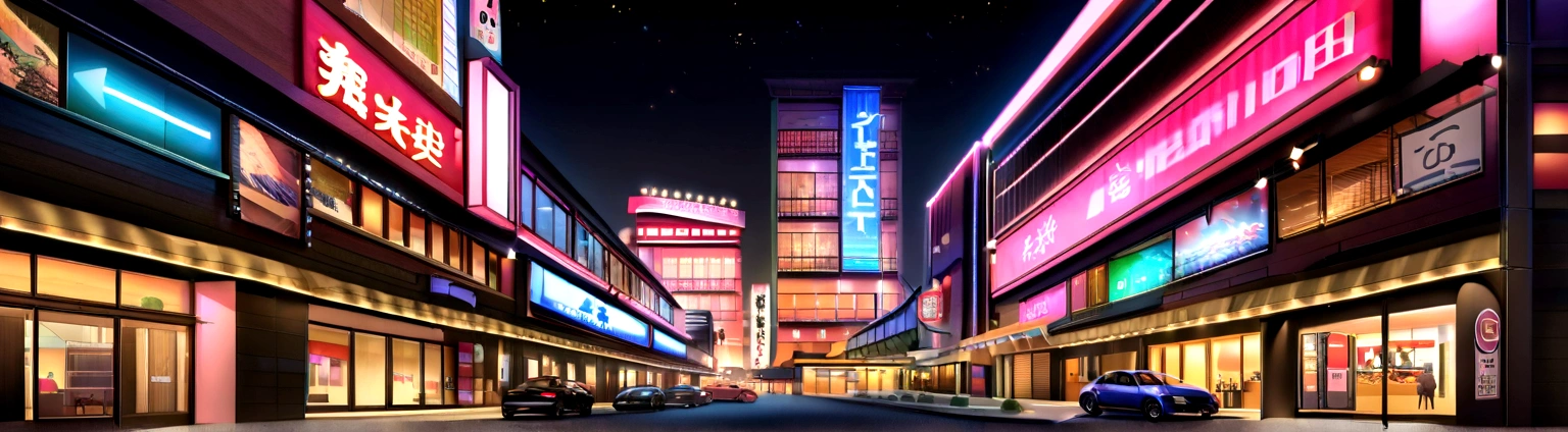 A Japanese city with modern style with several mirrored buildings with vibrant lighting and many twinkling lights on the realistic ultra HD signs style beautiful picture set wallpaper and realistic buildings with gleaming car signs black background