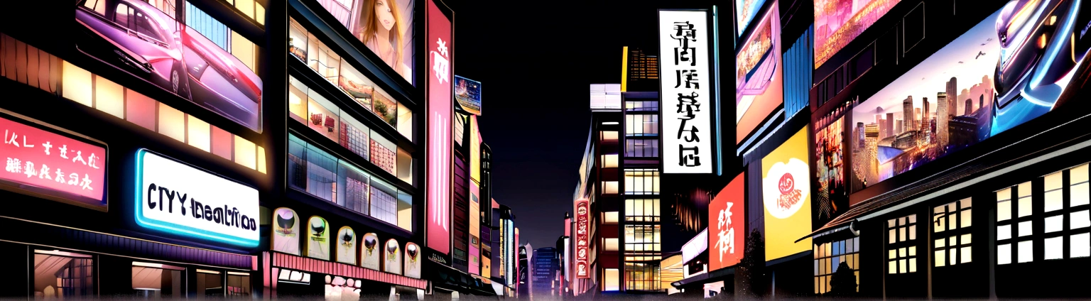 A Japanese city with modern style with several mirrored buildings with vibrant lighting and many twinkling lights on the realistic ultra HD signs style beautiful picture set wallpaper and realistic buildings with gleaming car signs black background 