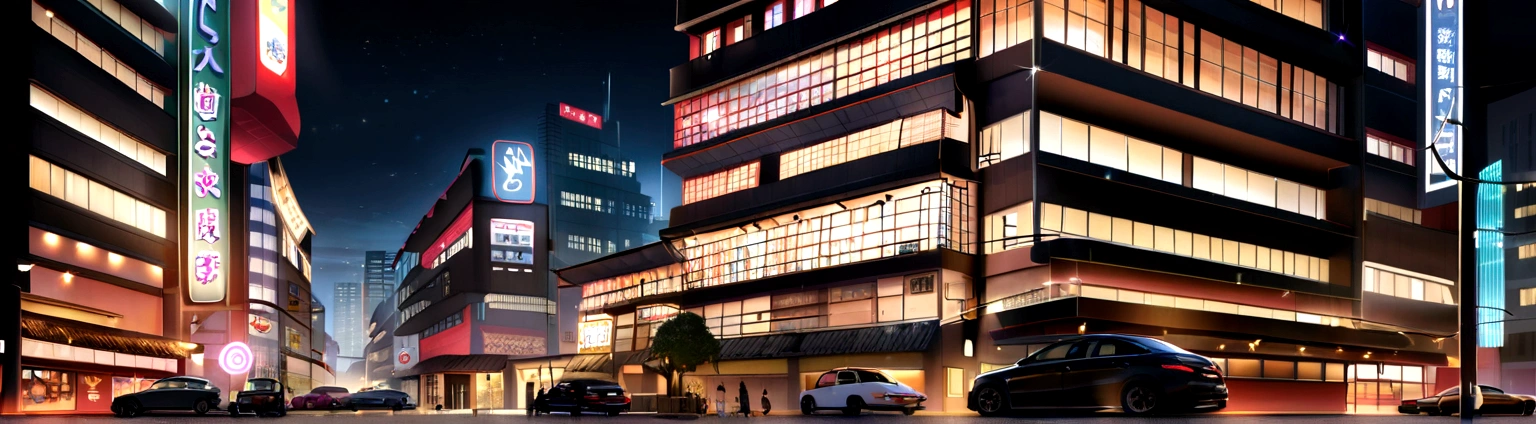 A Japanese city with modern style with several mirrored buildings with vibrant lighting and many twinkling lights on the realistic ultra HD signs style beautiful picture set wallpaper and realistic buildings with gleaming car signs black background