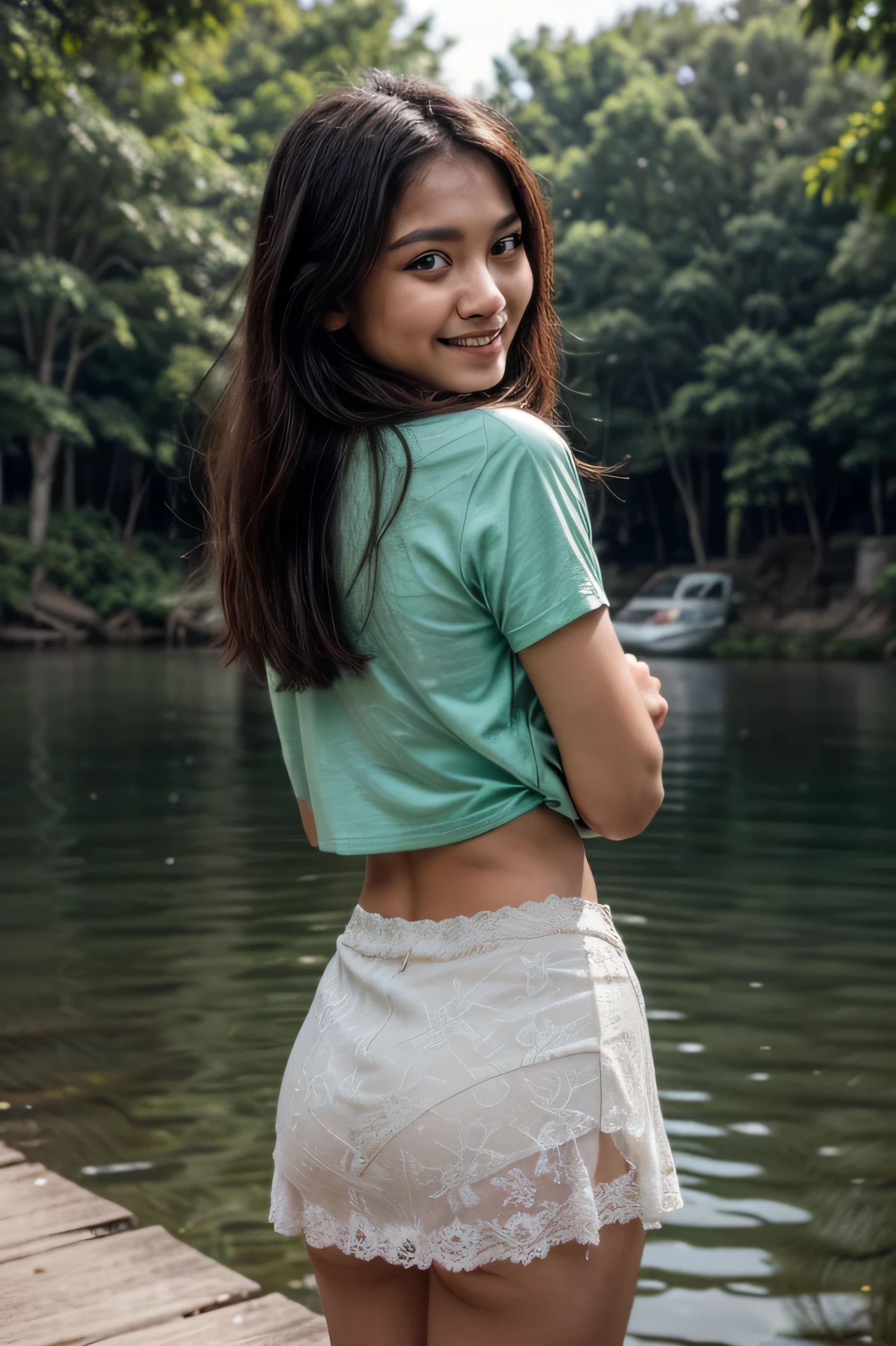 An 18-year-old Indonesian woman in light green hijab, wearing a tight light green lace t-shirt, wearing very short and transparent light green lace skirt, Lift skirt, villager, Poor woman, darker skin, curvier body, corpo curto, smiling and standing near a lake in a dark forest, look at the viewer with close eyes,she has her back