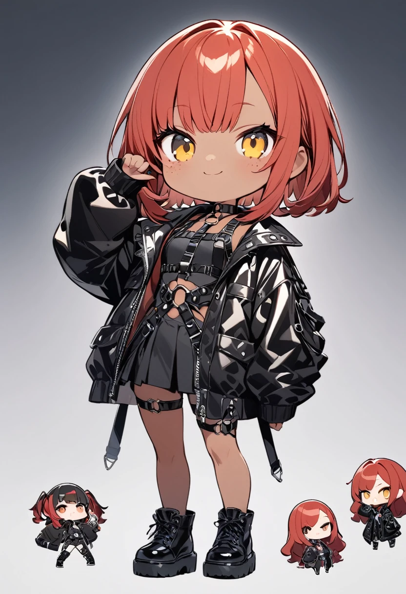 full body,1 girl,(cute:1.3),red Hair, left eye blue, right eye yellow, tan skin, freckles,{stylish and edgy outfit, body harness, O ring choker, oversized jacket, Glossy, shiny material,chibi emote, chibi character, cute pose