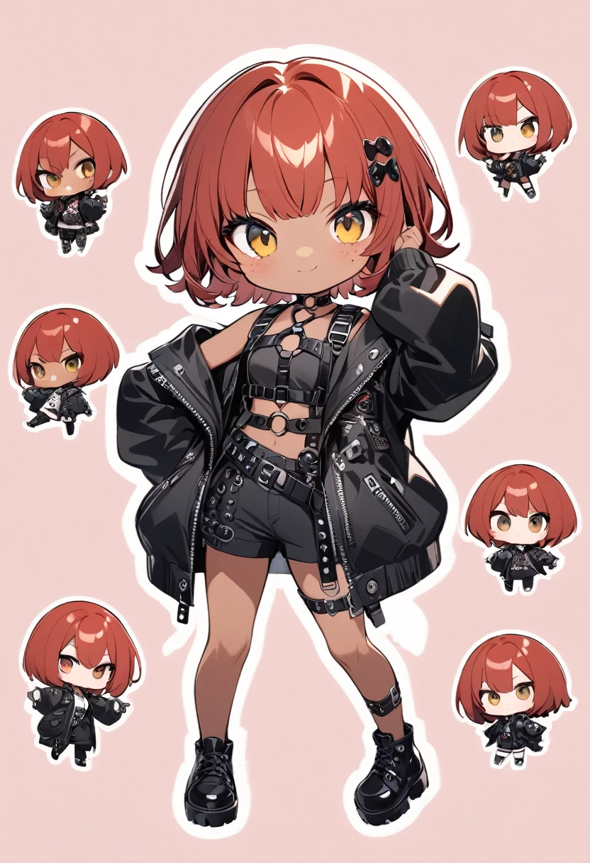 full body,1 girl,(cute:1.3),red Hair, left eye blue, right eye yellow, tan skin, freckles,｛stylish and edgy outfit, body harness, O ring choker, oversized jacket, Glossy, shiny material,chibi emote, chibi character, cute pose
