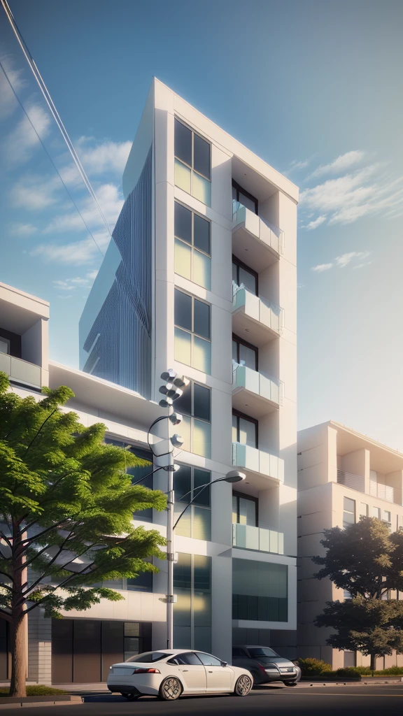 there is a white car parked in front of a tall building, mid-view, precise architectural rendering, architectural 3 d render, architectural render, low angle dimetric rendering, architectural rendering, architectural concept, realistic architecture, architecture render, architectural visualization, detailed rendering, highly detailed render, residential, wide angle exterior 2022, overall architectural design, pre-rendered
