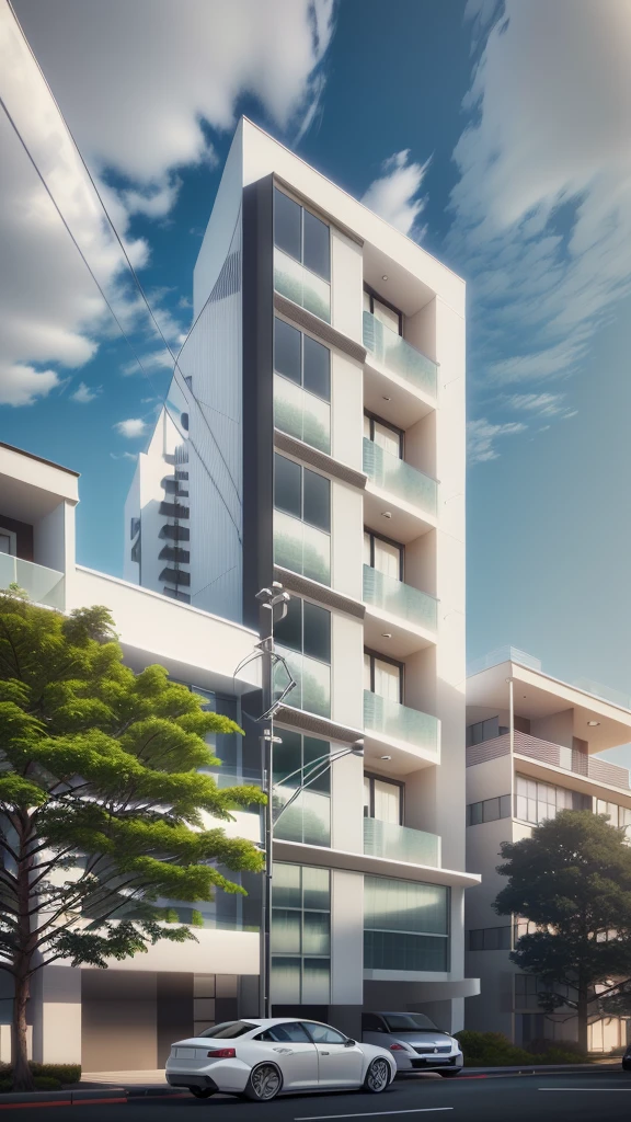 there is a white car parked in front of a tall building, mid-view, precise architectural rendering, architectural 3 d render, architectural render, low angle dimetric rendering, architectural rendering, architectural concept, realistic architecture, architecture render, architectural visualization, detailed rendering, highly detailed render, residential, wide angle exterior 2022, overall architectural design, pre-rendered