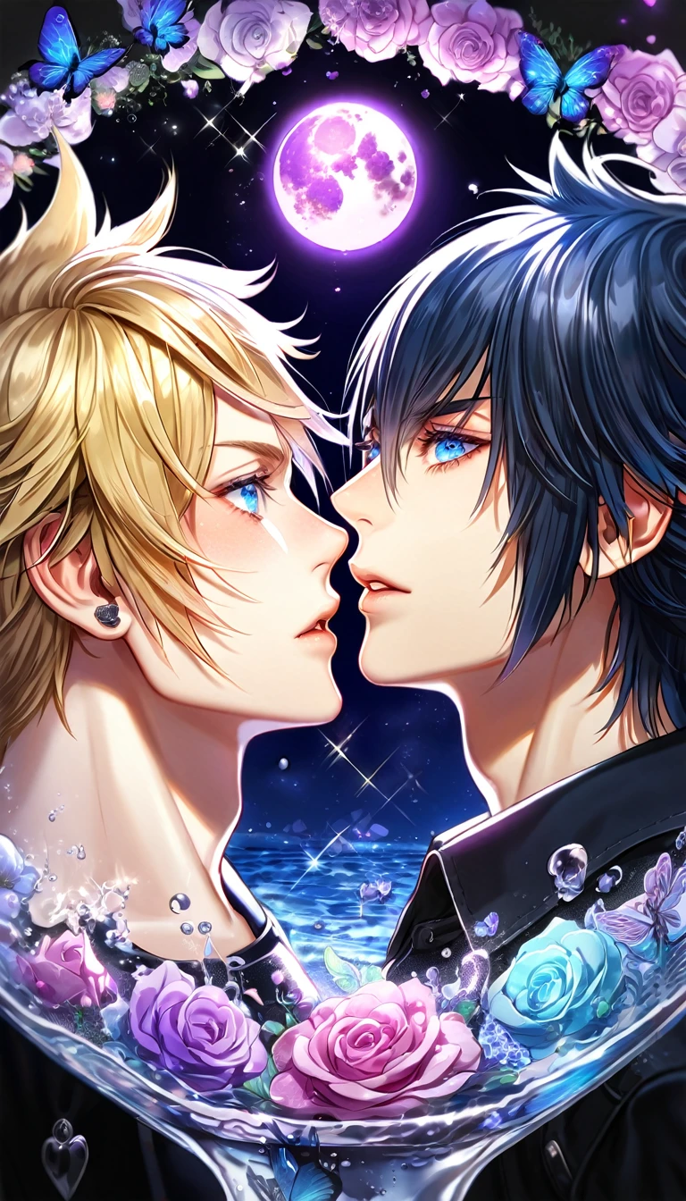 absurdres, highres, ultra detailed, HDR, master piece, best quality, extremely detailed, Noctis Lucis Caelum, black hair, expressive blue eyes, Final Fantasy XV, Prompto Argentum, blonde hair, expressive blue eyes, two sexy men together, gay couple, yaoi, handsome, black clothes, fantasy, magical, sparkling, water, glass, purple moon, purple flowers, purple butterflies, purple petals