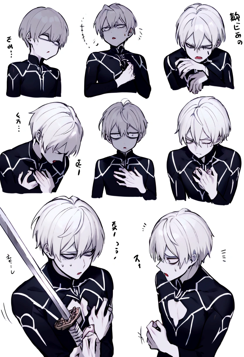 Pale Expression Short hair boy, pale skin, white hair, removing a sword from your chest ...