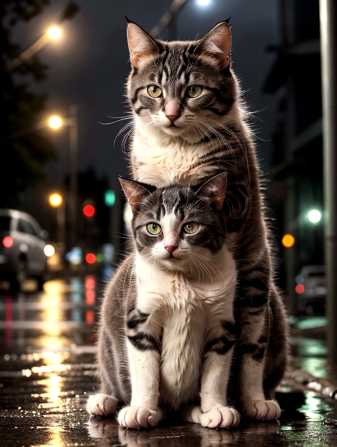 Details and emotion of large scenes, The injured cat has obvious scars on his chest, Begging on wet city streets.Eyes full of pity and helplessness， The cat hugs a kitten tightly, Provides warmth and comfort. The background is a rainy night，There are blurred street lights and human silhouettes in the distance, Lights and raindrops reflected on the road. The atmosphere is dramatic and touching, Emphasizes the bond between the two cats and the harshness of their environment.
