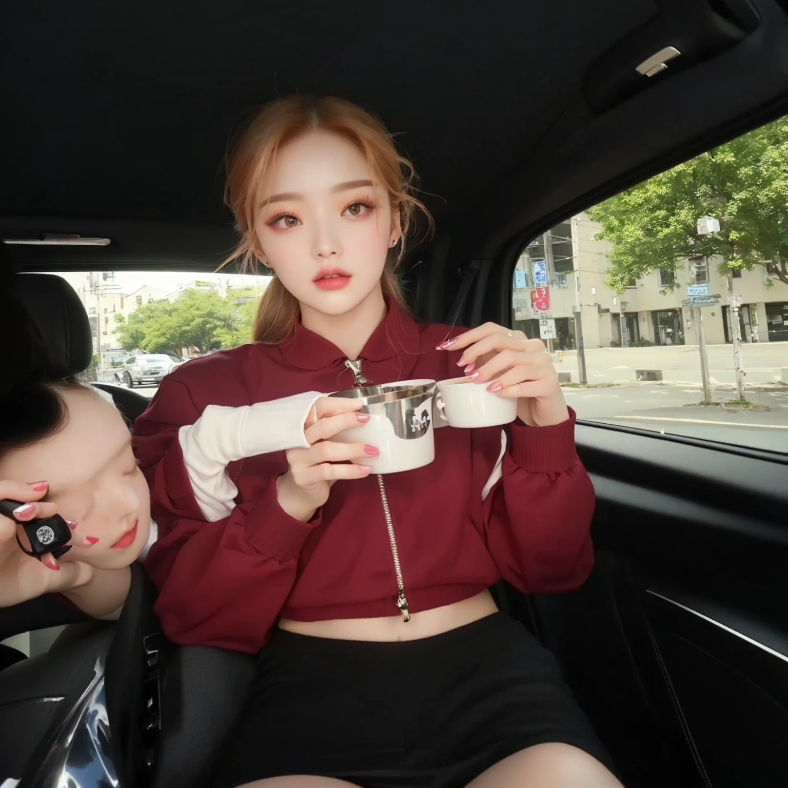 there is a woman sitting in a car holding a cup, roseanne park de Blackpink, roseanne park by blackpink, ellie bamber, hada ellie bamber, Physicist : the smallest abdomen ever seen, Sidney Sweeney, She wears street clothes, sitting in her car, park roseanne, beautiful lady, shaxi, rose pink black, has pearls on the lower eyelids, Pretty Woman