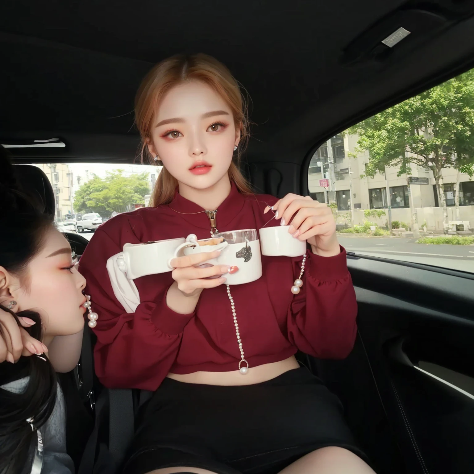 there is a woman sitting in a car holding a cup, roseanne park de Blackpink, roseanne park by blackpink, ellie bamber, hada ellie bamber, Physicist : the smallest abdomen ever seen, Sidney Sweeney, She wears street clothes, sitting in her car, park roseanne, beautiful lady, shaxi, rose pink black, has pearls on the lower eyelids, Pretty Woman