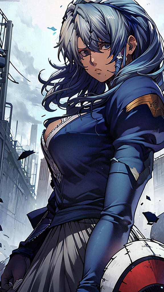 High detailed, 1 girl, aegean-blue colored hair, detailed Cyan eye, eyepatch, busty, huge And round buson, Orange sattela's clothes, sattela's Long skirt, violent face, serious face, eyepatch, eyepatch, eyepatch