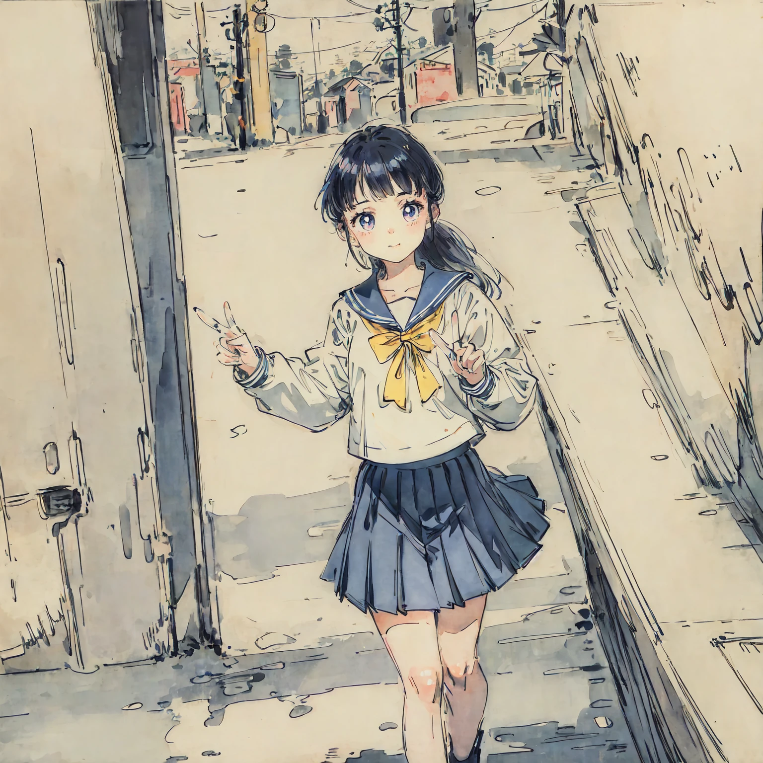 finely detailed illustration, vibrant color, best quality, masterpiece, One beautiful girl、cute、とてもcute、(Sailor suit、navy_blue long pleated skirt:1.1), Winters、purely、Neon City、nostalgic、Making a peace sign、night