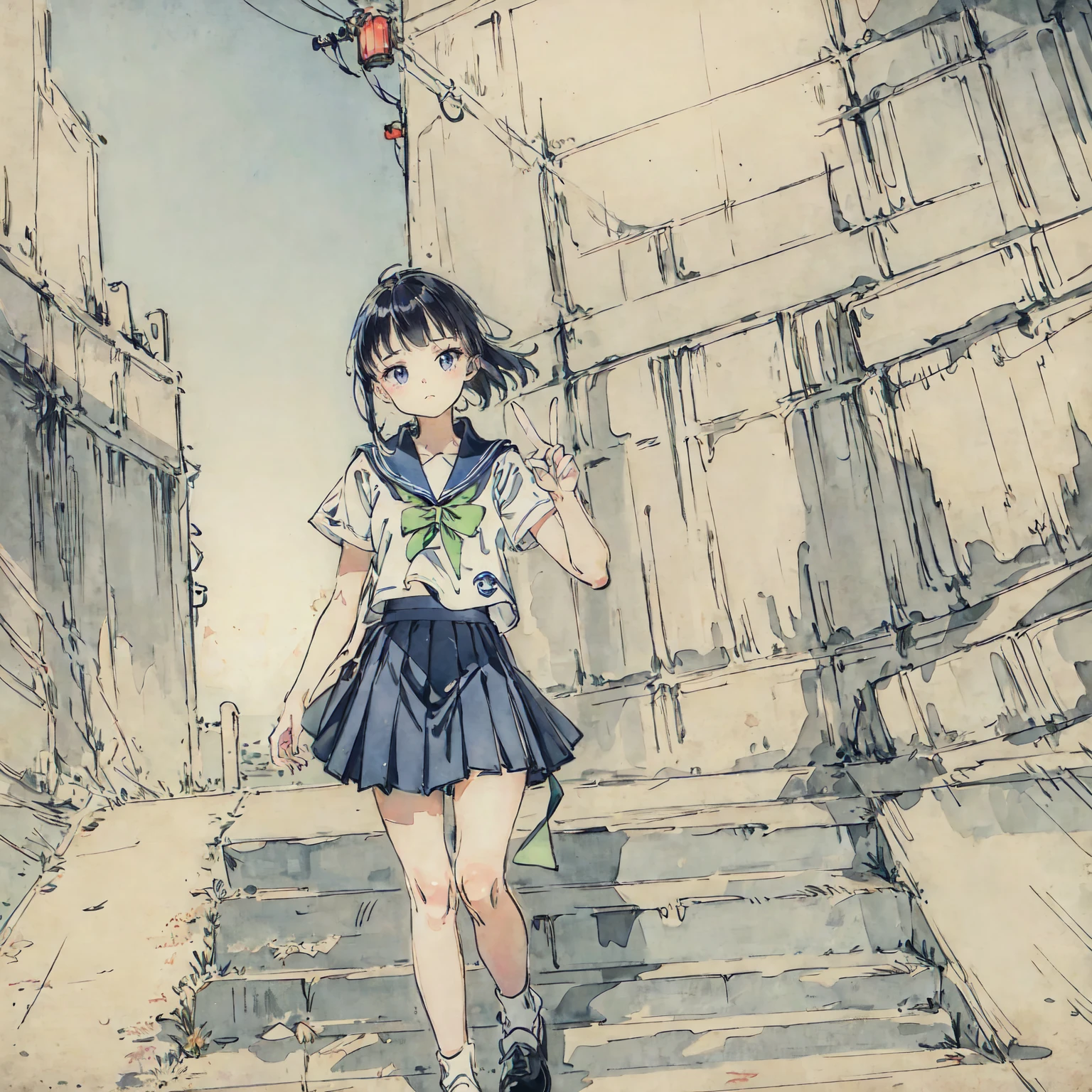 finely detailed illustration, vibrant color, best quality, masterpiece, One beautiful girl、cute、とてもcute、(Sailor suit、navy_blue long pleated skirt:1.1), Winters、purely、Neon City、nostalgic、Making a peace sign、night