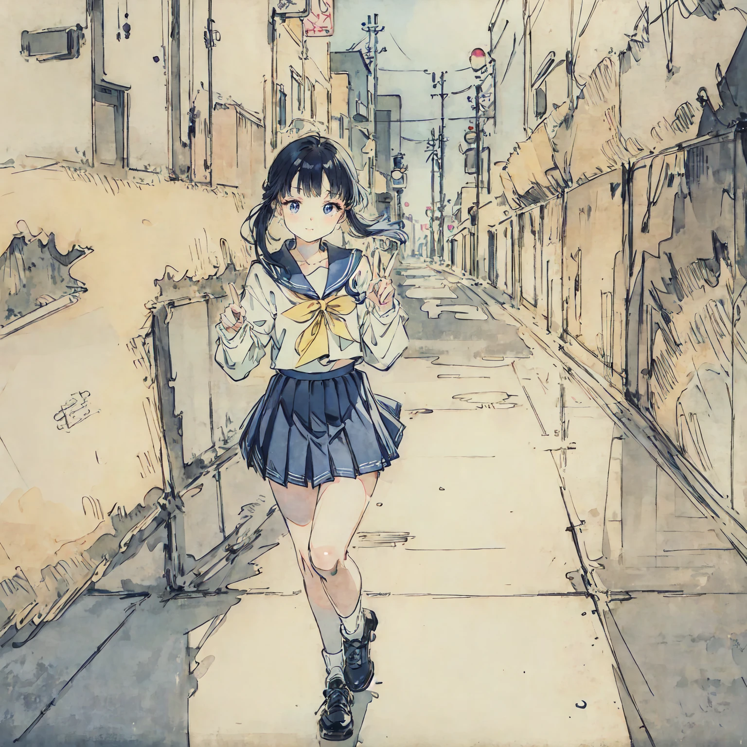 finely detailed illustration, vibrant color, best quality, masterpiece, One beautiful girl、cute、とてもcute、(Sailor suit、navy_blue long pleated skirt:1.1), Winters、purely、Neon City、nostalgic、Making a peace sign、night