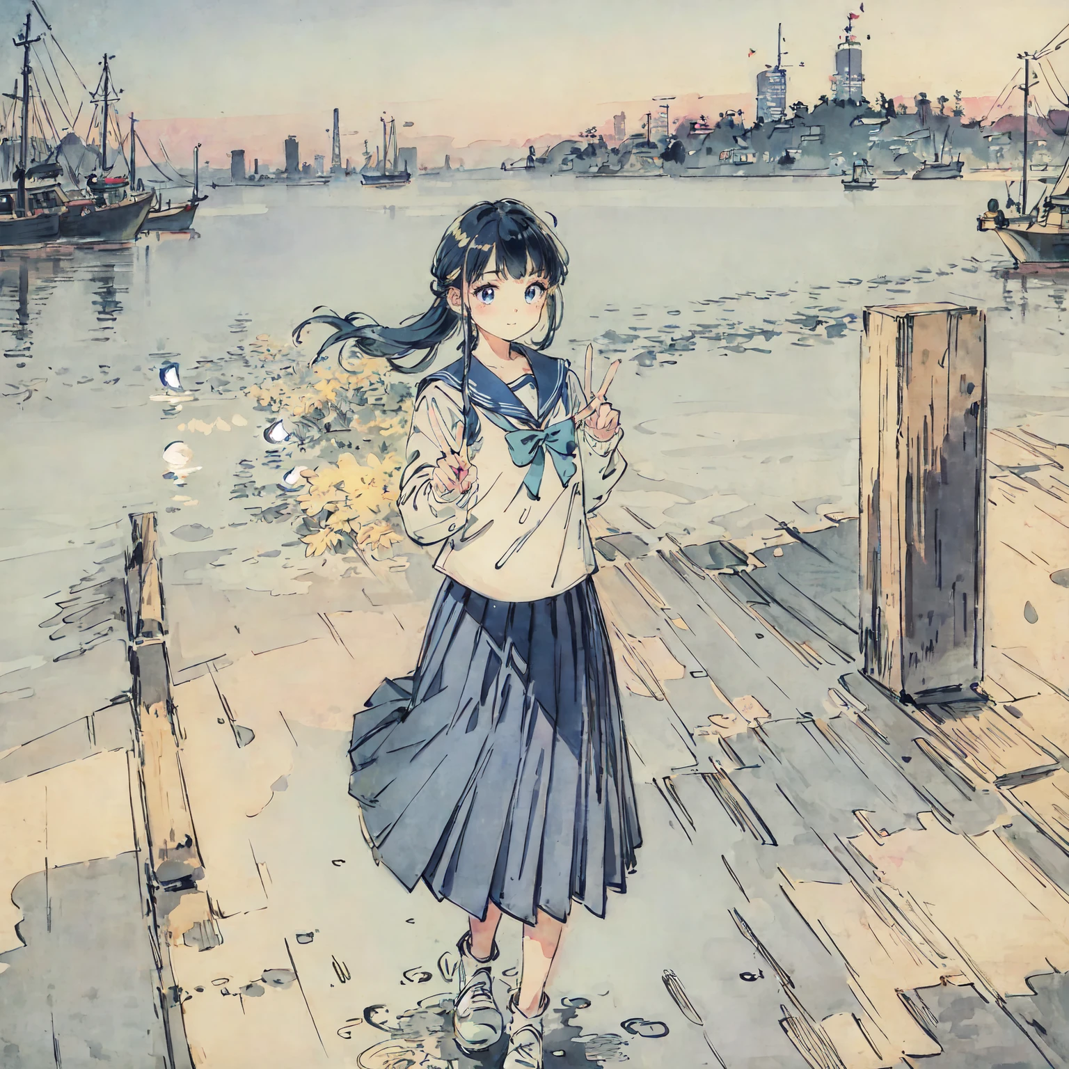 finely detailed illustration, vibrant color, best quality, masterpiece, One beautiful girl、cute、とてもcute、(Sailor suit、navy_blue long pleated skirt:1.1), Winters、purely、Neon City、nostalgic、Making a peace sign、night