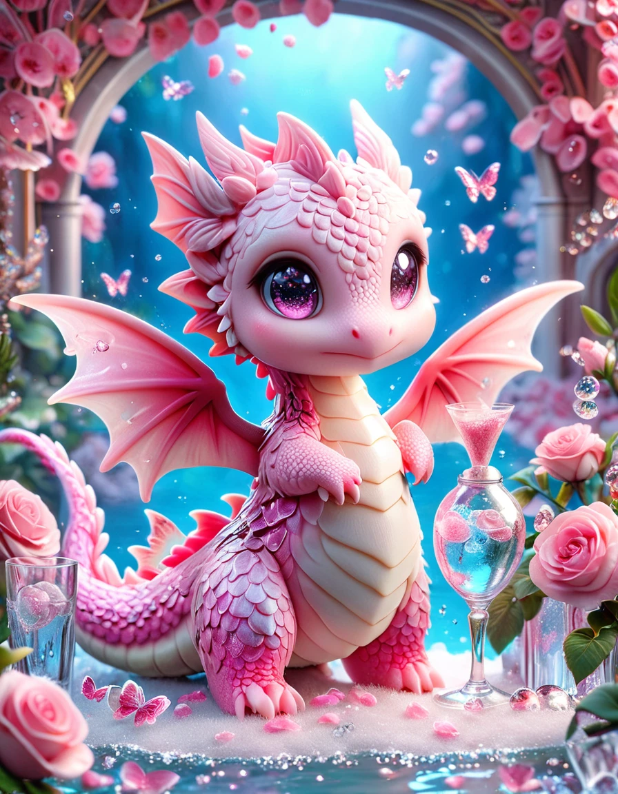 Ultra detailed, HDR, Highres, absurdres, master piece, Pink dragon, expressive pink eyes, small dragon, glass, pink glittering butterflies, pink ice, petals, pink ice glass roses, cute, glittering, water, fantasy, magical