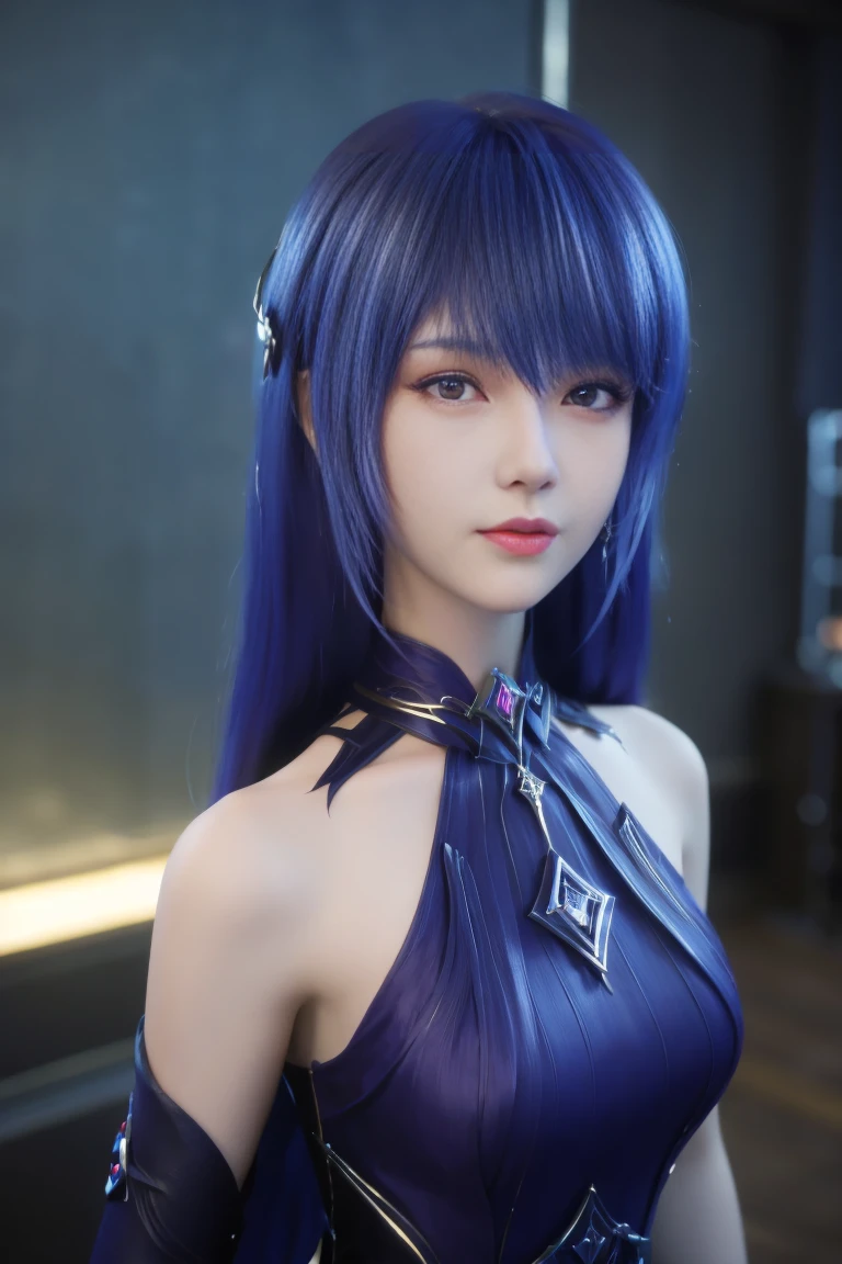 best quality, masterpiece,Ultra-high resolution,Clear face,(Reality:1.4), Night orchid \(Genshin Impact\), 1 Girl, Solitary, Black Hair, Blue Hair, short hair,Tights, blue Tights,, (Looking at the audience:1.5),Shut up,Serious,Face Focus,Medium breasts,Black translucent stockings,Can see the thighs,whole body,panoramic,Anime idol poses