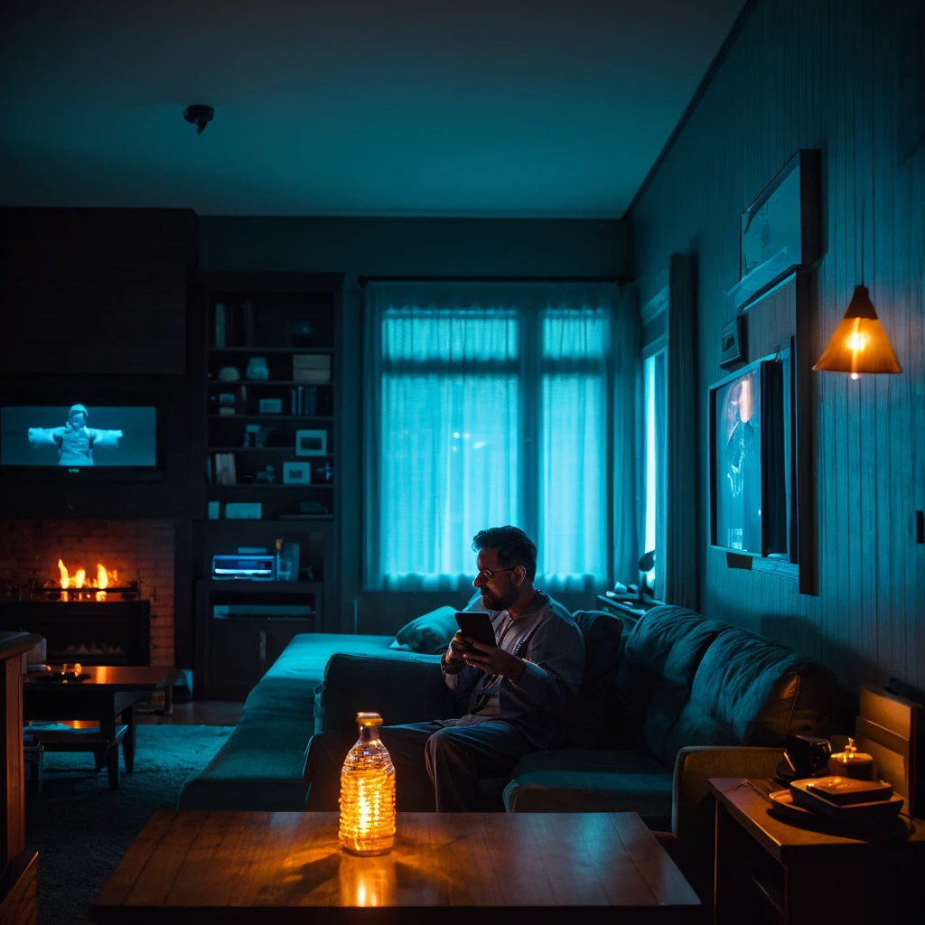 A dimly lit living room at night. A tired man in wrinkled scrubs stands with his iPhone casting a blue glow on his anxious face. His fingers hover over the phone, showing signs of wear from work. A clock on the wall reads 3:17 AM. Family photos on the mantel. A bottle of Glenlivet and a tumbler sit on a nearby table. The atmosphere is tense and filled with worry. No stethoscope