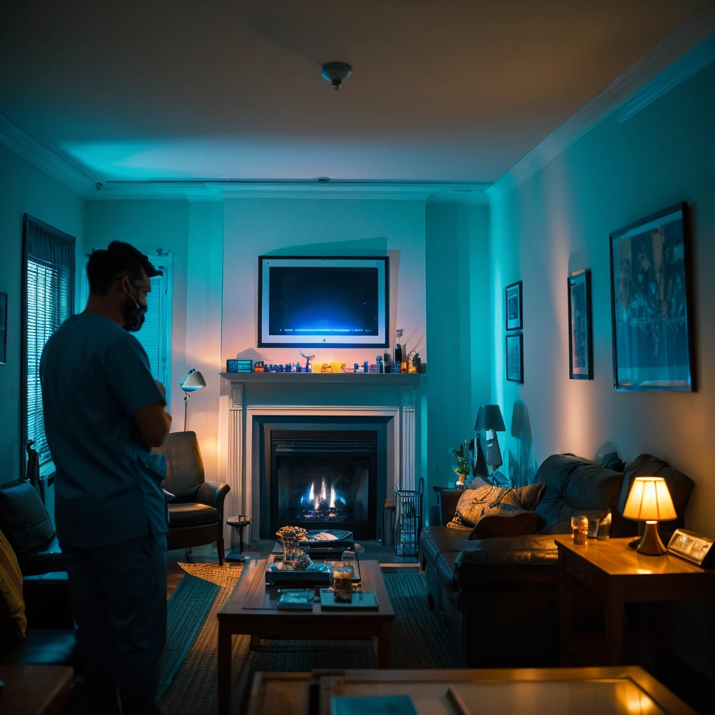 A dimly lit living room at night. A tired man in wrinkled scrubs stands with his iPhone casting a blue glow on his anxious face. His fingers hover over the phone, showing signs of wear from work. A clock on the wall reads 3:17 AM. Family photos on the mantel. A bottle of Glenlivet and a tumbler sit on a nearby table. The atmosphere is tense and filled with worry. No stethoscope