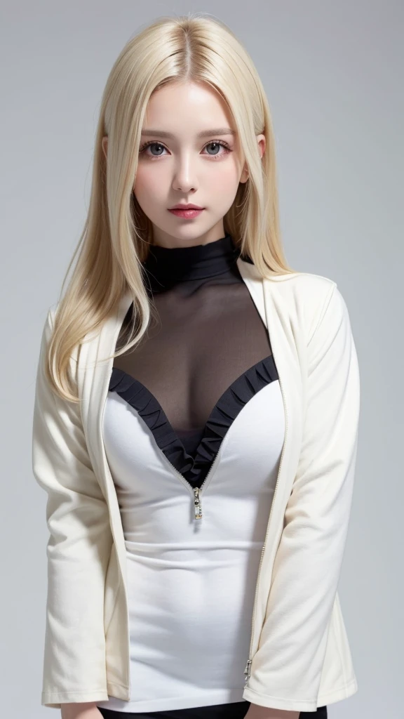 (((forehead、White Blonde Hair、Northern Europe、White people、beautiful girl、Blonde、White background、open jacket、lender )))、table top, highest quality, figure, super detailed, finely, High resolution, 8k wallpaper, Perfect dynamic composition, detailed and beautiful eyes, Deco out,bionde, medium hair, big breasts, Natural color lip,white background, random cute poses,frill dress