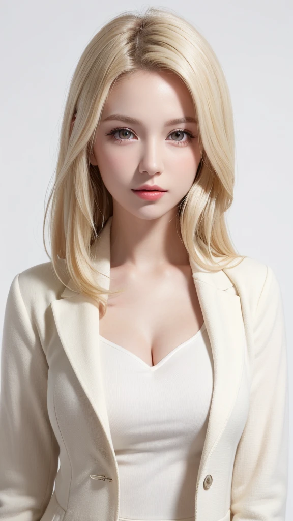 (((forehead、White Blonde Hair、Northern Europe、White people、beautiful girl、Blonde、White background、open jacket、lender )))、table top, highest quality, figure, super detailed, finely, High resolution, 8k wallpaper, Perfect dynamic composition, detailed and beautiful eyes, Deco out,bionde, medium hair, big breasts, Natural color lip,white background, random cute poses,frill dress
