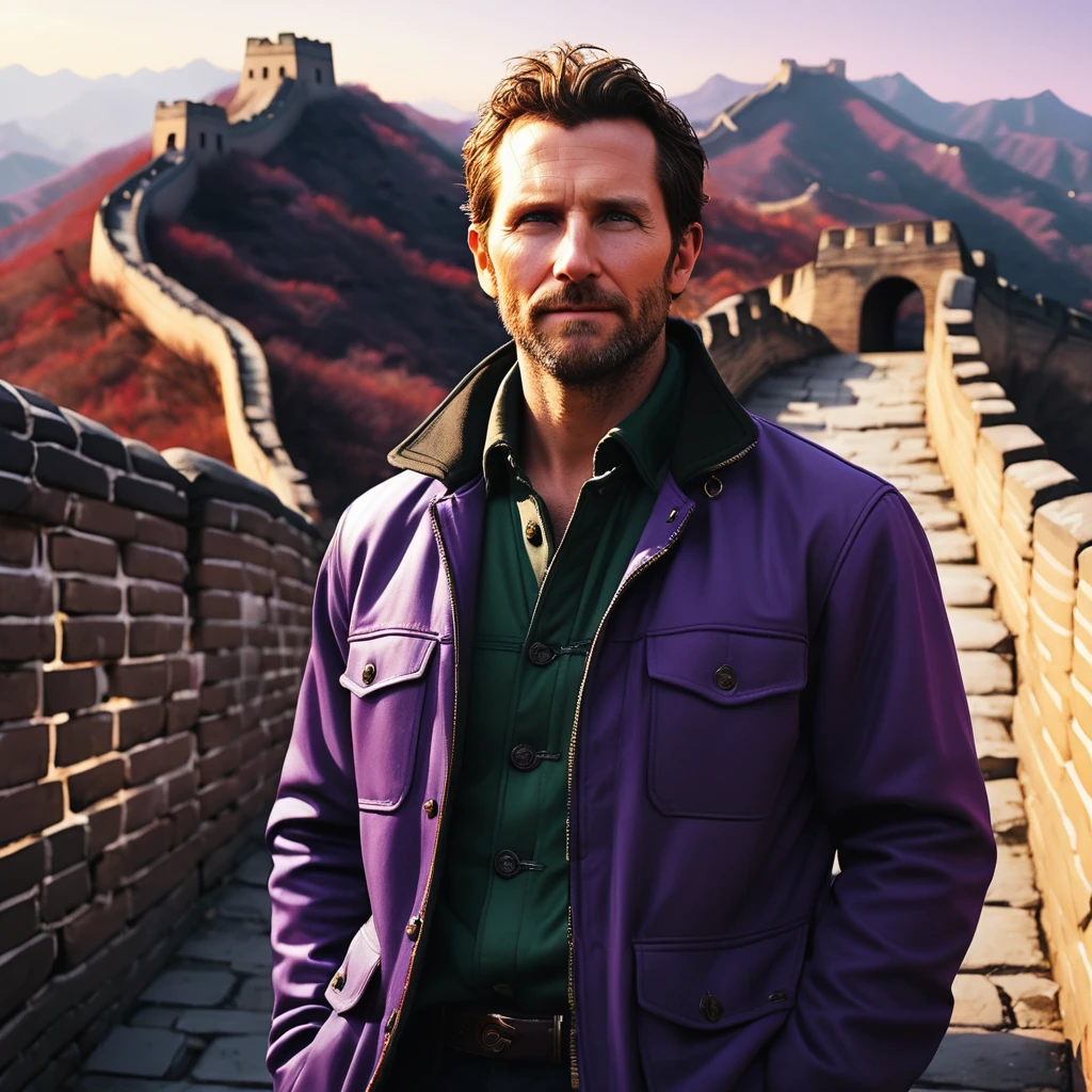 Regeneration Art, Masterpiece Octane renders sexy masculinity [Basque|The digital age] (Guy:1.2) , The face is Hugh Bradley Cooper, Bradley Cooper wearing a Harrington jacket, Harrington jacket in contrasting colours, There is a decoration of the Great Wall of China on it, Baldness, Detailed electric purple background, At sunrise, Visual novel, Full of hope, Warm lighting, Low shutter, Participate in a project，Background of the Great Wall of China