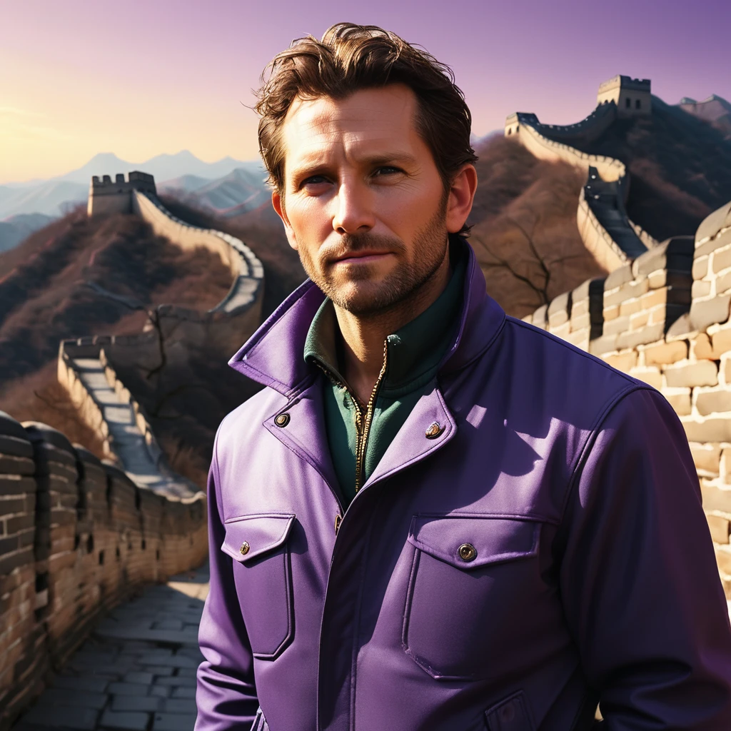 Regeneration Art, Masterpiece Octane renders sexy masculinity [Basque|The digital age] (Guy:1.2) , The face is Hugh Bradley Cooper, Bradley Cooper wearing a Harrington jacket, Harrington jacket in contrasting colours, There is a decoration of the Great Wall of China on it, Baldness, Detailed electric purple background, At sunrise, Visual novel, Full of hope, Warm lighting, Low shutter, Participate in a project，Background of the Great Wall of China